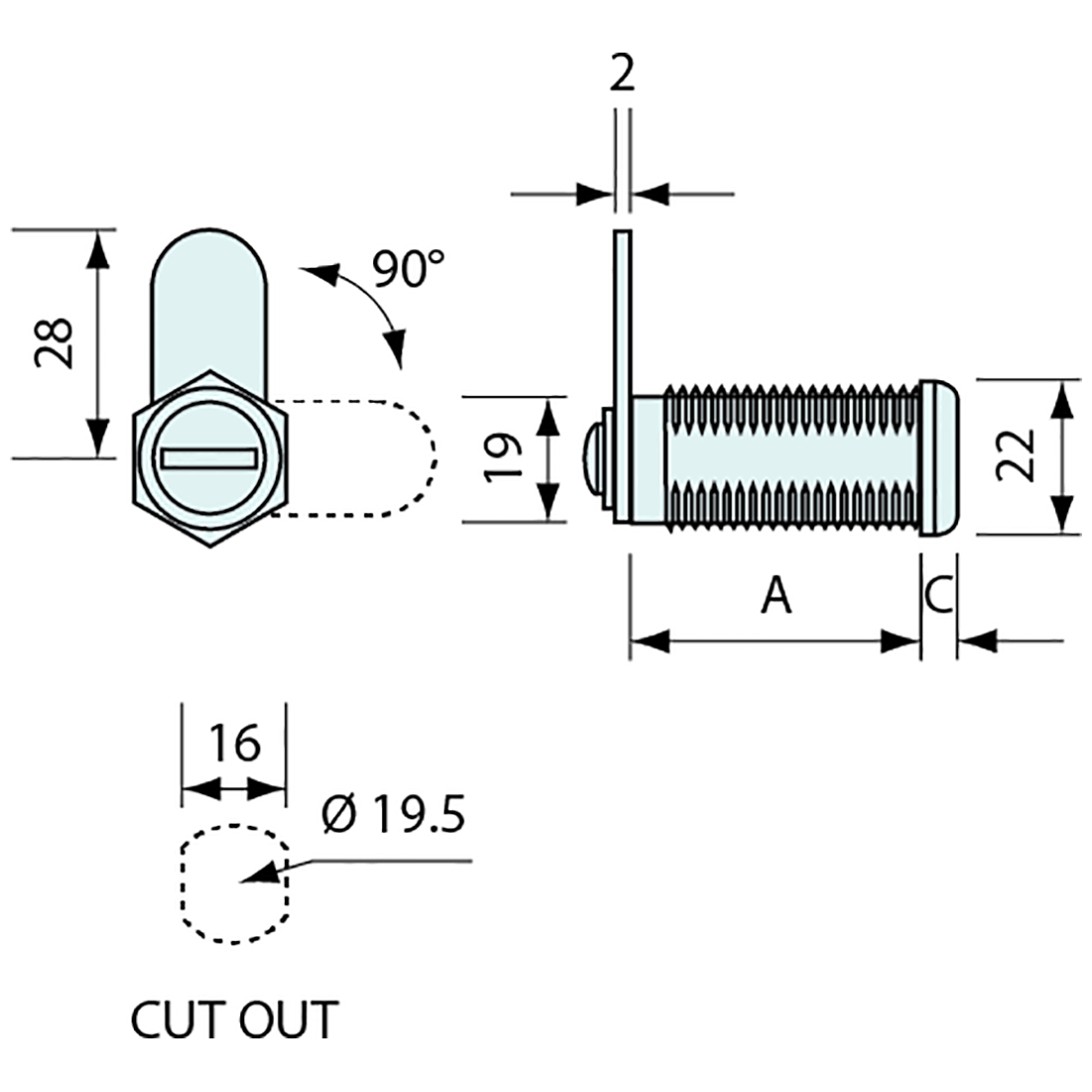Key Locking Cam Lock 22mm 180deg Rotation 22mm